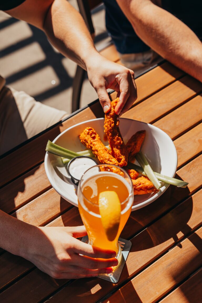 A plate of Zingers and a cold beer